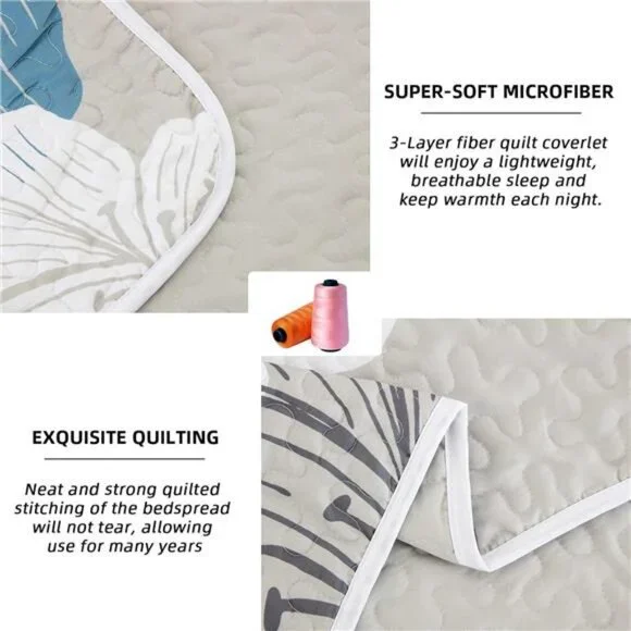 3 Pieces Quilt Set California King Blue Floral Pattern Quilt Coverlet - Picture 5 of 8